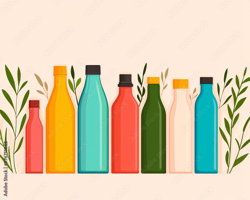 A colorful collection of bottles arranged creatively with green leaves, ideal for eco-friendly designs and product showcases. A colorful collection of bottles arranged creatively with green leaves, ideal for eco-friendly designs and product showcases.