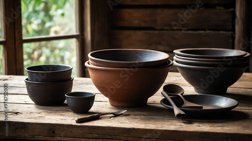 Clay bowls and iron utensils set on a rustic wooden table