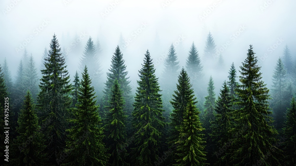 A serene view of evergreen trees shrouded in mist, capturing the beauty of nature's tranquility and lush greenery. A serene view of evergreen trees shrouded in mist, capturing the beauty of nature's tranquility and lush greenery.