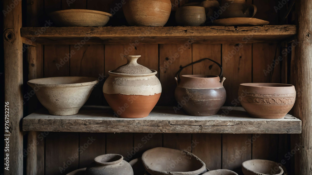Cracked clay pottery stacked on a wooden shelf in a rustic cottage Cracked clay pottery stacked on a wooden shelf in a rustic cottage