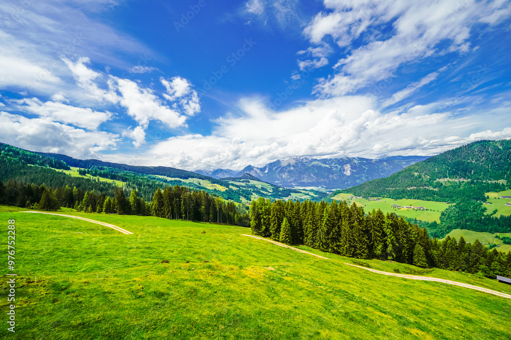 Obraz premium Landscape at the Wiedersberger Horn in the Alpbachtal. View of nature and the mountains and the Zillertal Alps near Alpbach in Austria. 