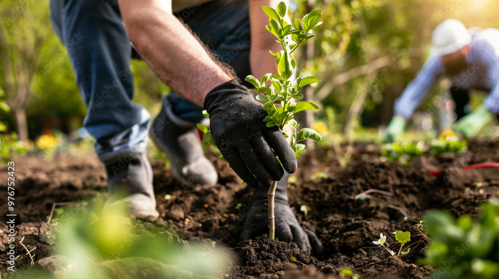 Naklejka premium Person planting trees or working in community garden promoting local food production and habitat restoration, concept of Sustainability and Community Engagement.