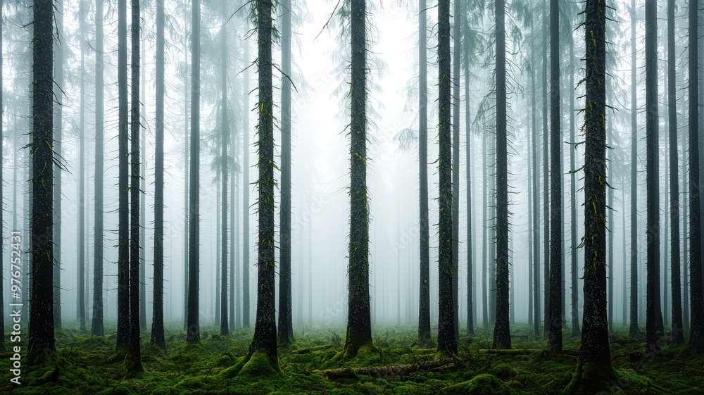 Dense mist envelops towering trees, creating an ethereal atmosphere in a tranquil forest scene filled with mystery.
