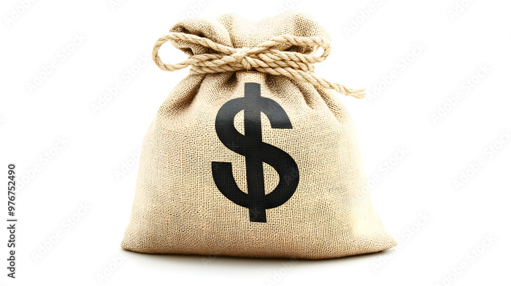 A burlap sack with a large black dollar sign printed on it, tied with a rope A burlap sack with a large black dollar sign printed on it, tied with a rope