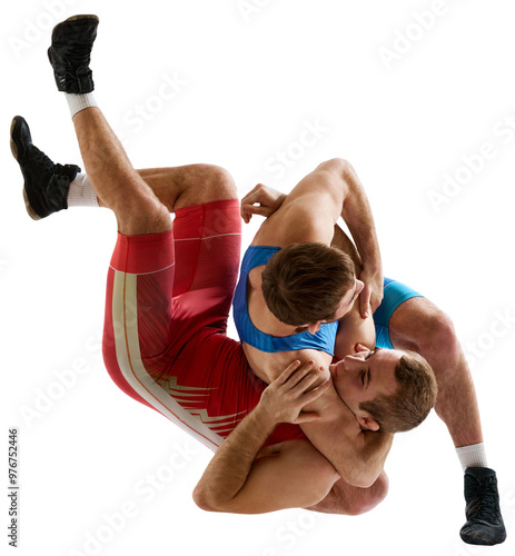 Obraz na płótnie Two strong wrestlers in blue and red wrestling uniform fighting and making hip throw in motion against transparent background