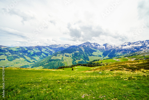 Landscape at the Wiedersberger Horn in the Alpbachtal. View of nature and the mountains and the Zillertal Alps near Alpbach in Austria. 