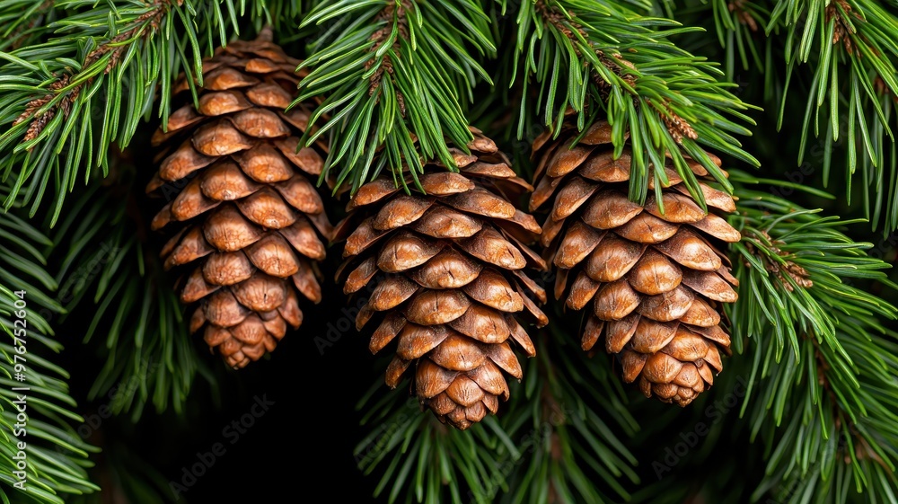 Three pine cones hanging from lush green branches, showcasing nature's beauty and detail in a harmonious forest setting. Three pine cones hanging from lush green branches, showcasing nature's beauty and detail in a harmonious forest setting.