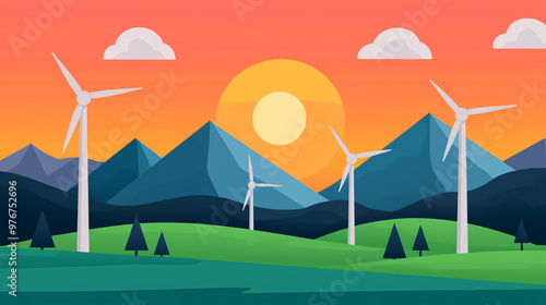 A vibrant sunset landscape featuring wind turbines, mountains, and lush greenery, symbolizing renewable energy and sustainability.