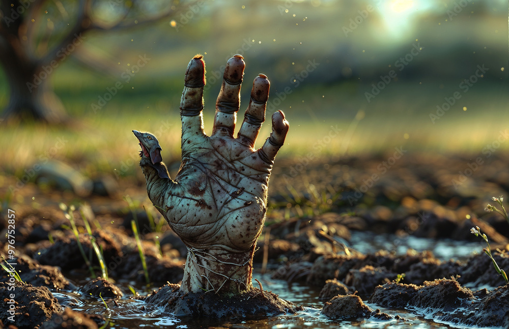 Obraz premium Zombie hand in the mud, halloween concept, selective focus.