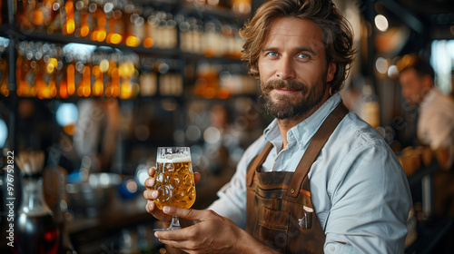 Control quality of craft beer, Expert brewer in apron holds glass and checking color. Worker man sommeliers taste drink on brewery factory.