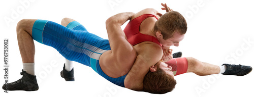 Greco-Roman, freestyle wrestling. Two sportsman, fighting in red and blue uniform in action against transparent background. Concept of fair wrestling, championship, win competition.