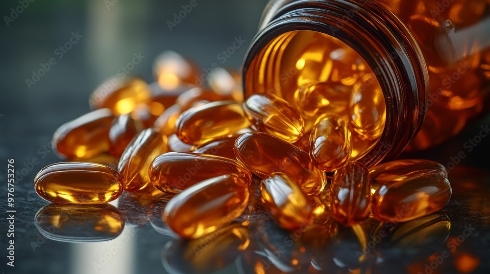 Amber Capsules Spill From a Glass Jar Onto a Dark Surface in a Well-Lit Environment Amber Capsules Spill From a Glass Jar Onto a Dark Surface in a Well-Lit Environment