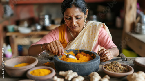 Fototapeta Naklejka Na Ścianę i Meble -  Indian woman grinding spices on a traditional stone grinder.