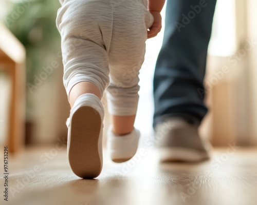 A tender moment as a toddler takes their first steps alongside a parent, showcasing the bond of family and growth.