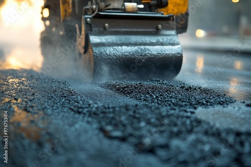 Road Construction Being Carried out at Dusk With a Steamroller Compacting Asphalt on the Surface