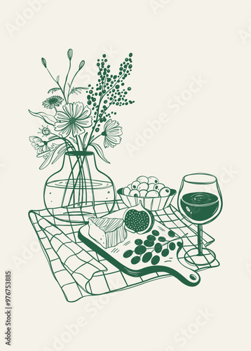Snacks and wine sketch, hand drawn illustration. Kitchen Wall art.