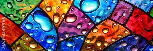 Abstract background. Windows wallpaper, Colorful stained glass background of various shapes and sizes, with water droplets on the surface. Pinks, blues, greens, yellows, reds, oranges, and purples. photo