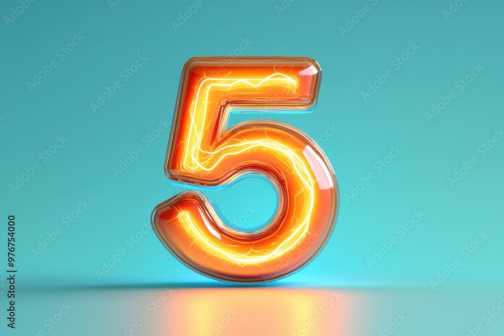 The number 5 is glowing in neon colors and is surrounded by a blue background The number 5 is glowing in neon colors and is surrounded by a blue background