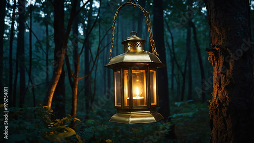 Golden enchanted lantern hanging from a mystical tree in a dark forest