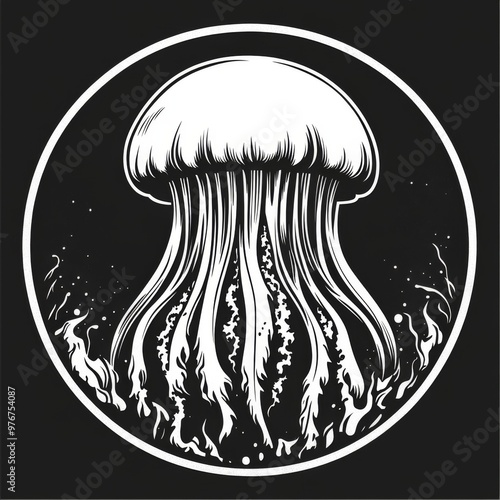 A black and white illustration of a jellyfish in a circle. photo