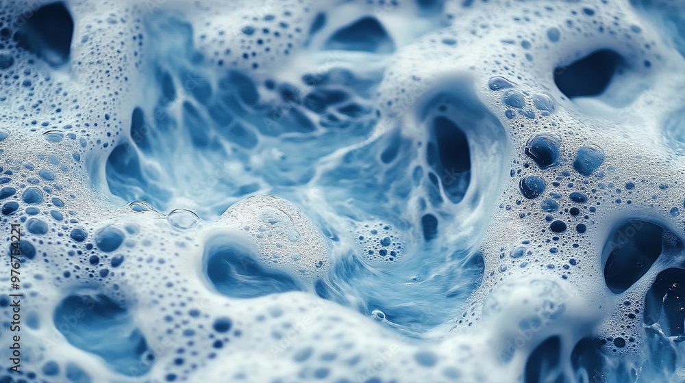 Close-up of blue foam texture, featuring intricate patterns and bubbles, perfect for illustrating water or cleanliness concepts. Close-up of blue foam texture, featuring intricate patterns and bubbles, perfect for illustrating water or cleanliness concepts.