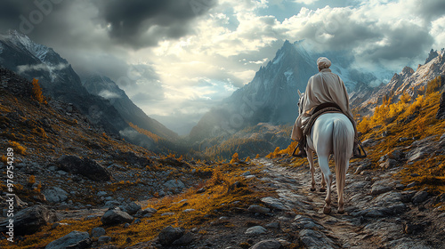 A lone rider on a white horse travels through a mountainous landscape under dramatic clouds and a majestic peak.