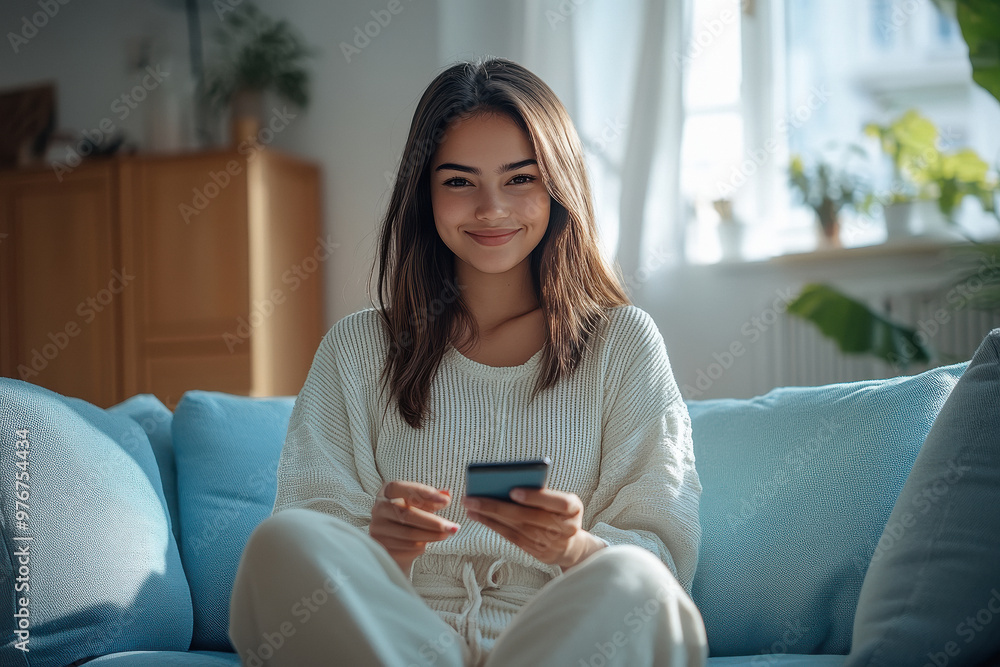 young beautiful woman sitting on sofa holding smartphone and smiling young beautiful woman sitting on sofa holding smartphone and smiling