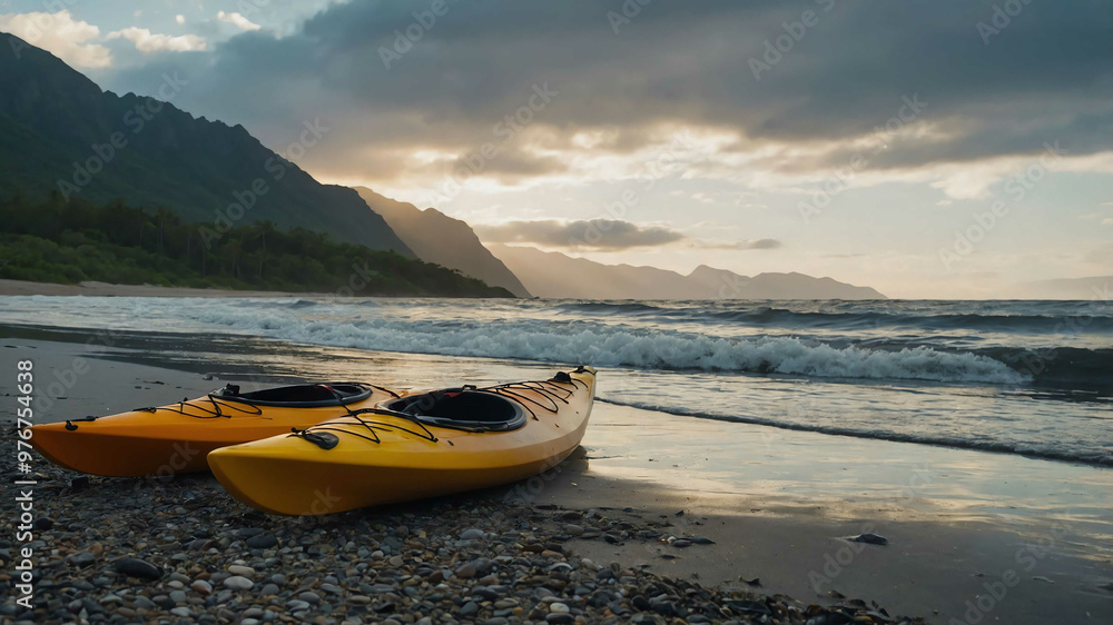 Kayak pulled up onto a beach with mountains rising in the background