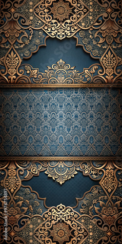 An ornate floral frame featuring intricate golden details and a blue patterned background, ideal for decorative and traditional design purposes.