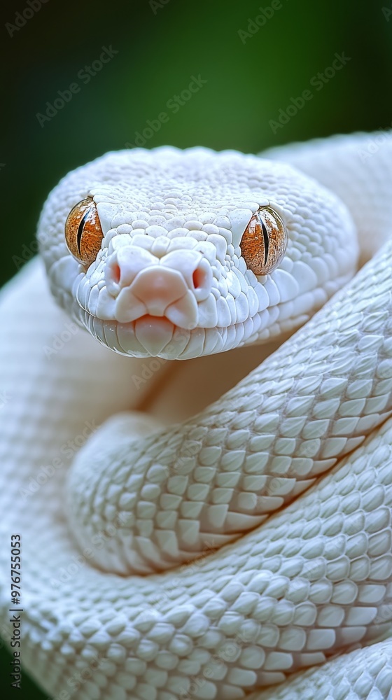 Fototapeta premium This stunning close-up captures the head and body of a white snake, highlighting its detailed scales and captivating eyes against a softly blurred green backdrop
