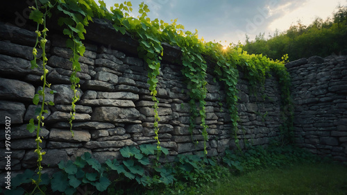 Magical glowing vines growing along an ancient stone wall