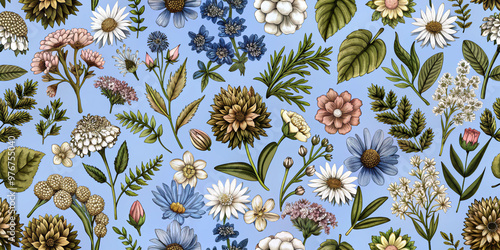 A detailed line-art illustration of various botanical flowers in earthy tones, perfect for wallpaper, textiles, or nature-inspired design projects photo