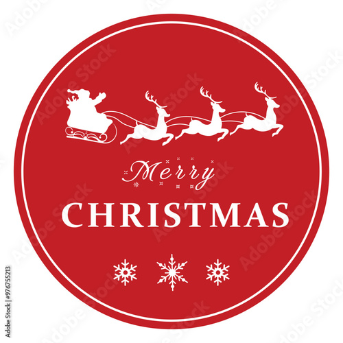Merry Christmas round banner with Santa claus rides reindeer sleigh  on red background. Vector illustration.