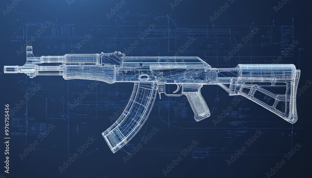 Detailed Blueprint of an Automatic Rifle Illustrating Design and Mechanical Features Detailed Blueprint of an Automatic Rifle Illustrating Design and Mechanical Features