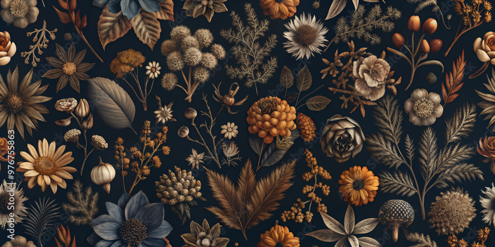 Fototapeta premium A detailed line-art illustration of various botanical flowers in earthy tones, perfect for wallpaper, textiles, or nature-inspired design projects