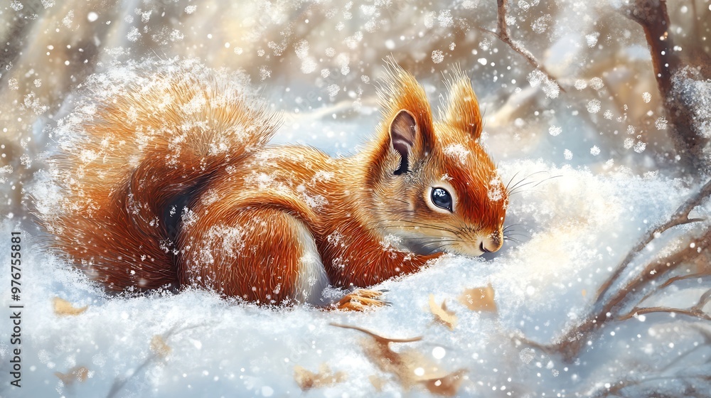 Winter scene featuring a red squirrel resting amidst a snowy blanket, highlighting its vibrant fur against the cold white. Winter scene featuring a red squirrel resting amidst a snowy blanket, highlighting its vibrant fur against the cold white.