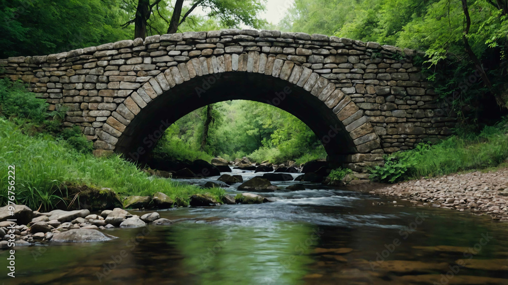 Old stone bridge arching over a narrow stream in a quiet countryside