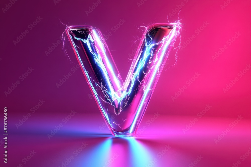 The letter V is lit up with neon colors and he is surrounded by sparks The letter V is lit up with neon colors and he is surrounded by sparks