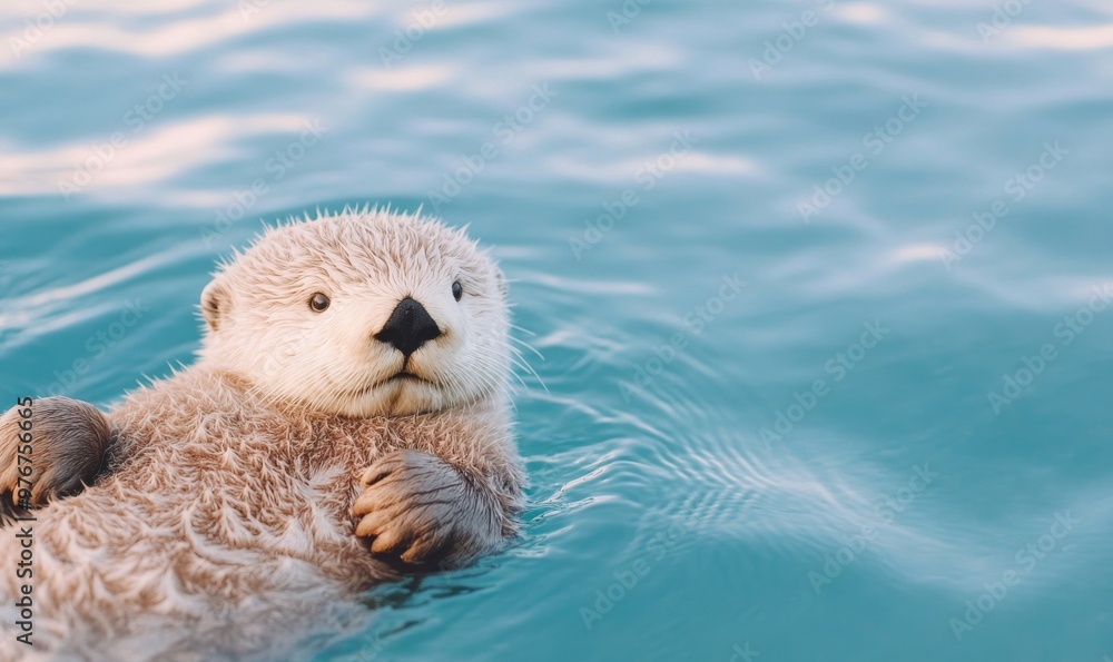 Fototapeta premium Cute Otter Swimming Peacefully in Clear Blue Water During a Sunny Day at the Coast
