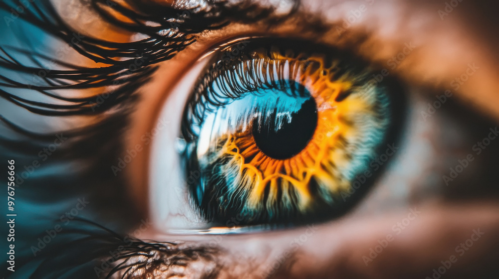 Close-up of a human eye with a crystal-clear reflection in the pupil ...
