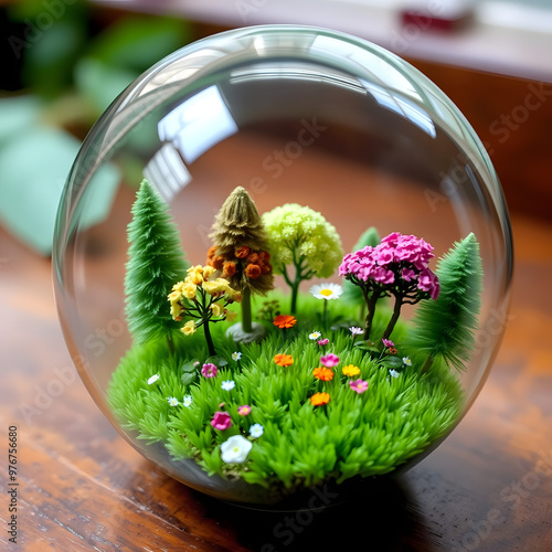 A glass globe filled with miniature trees, flowers and a tiny field of meticulously crafted grass