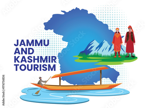  Illustration of Jammu and Kashmir Tourism with Shikara Boat and Traditional Attire