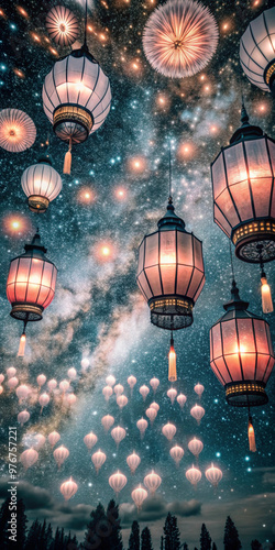 A festive background featuring hanging traditional lanterns with glowing lights, suitable for festive celebrations or traditional cultural designs photo