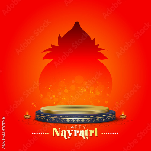 Indian navratri festival background with Podium and Kalash for Durga Puja.