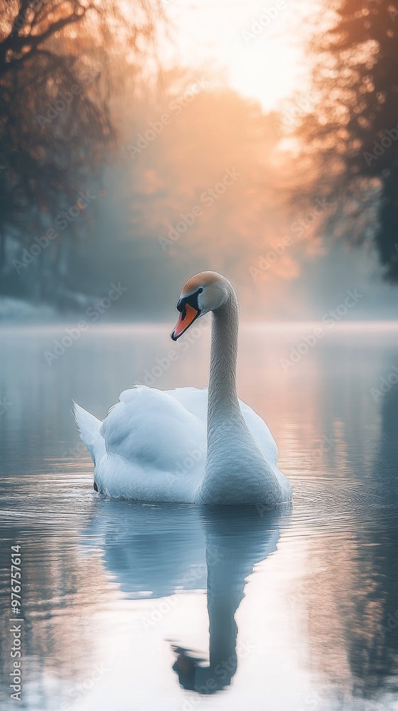 Fototapeta premium A Graceful Swan Glides Across the Tranquil Lake as the Sun Rises in the Early Morning Mist