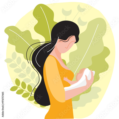 Young mother with baby in her arms vector flat illustration on abstract background of leaves isolated on white background. The concept of breastfeeding and motherhood