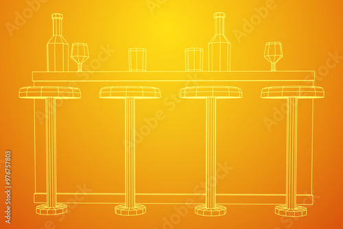 Bar counter with stools, bar top with bottles and glasses. Wireframe low poly mesh vector illustration.