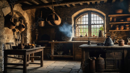 Stone fireplace with a hanging iron kettle in a medieval kitchen