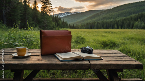 Travel guide and notebook placed on a picnic table in the forest