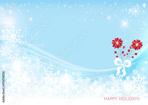 Blue Christmas Card Design with Snowflakes and Poinsettia Flowers. All in separate layers. Vector.